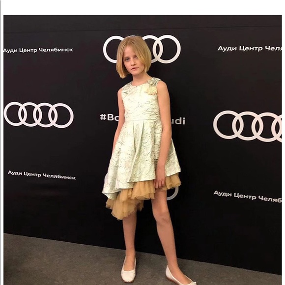 Asymmetrical silver jacquard brocade fancy dress - Picture 6 of 8